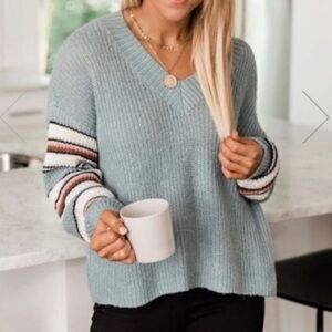 Pink Lily blue pink white navy striped sweater, small